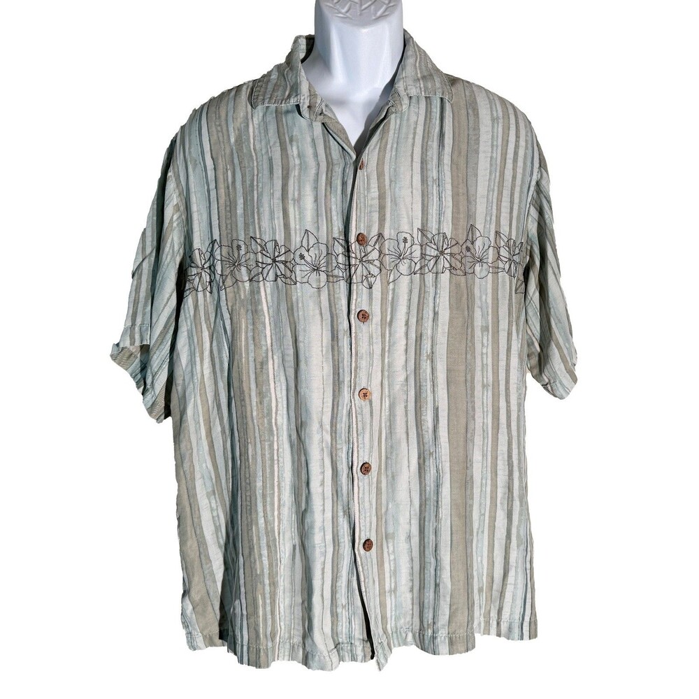 CARIBBEAN Men's‎ Short Sleeve Button Down Striped Hawaiian Shirt Green Large